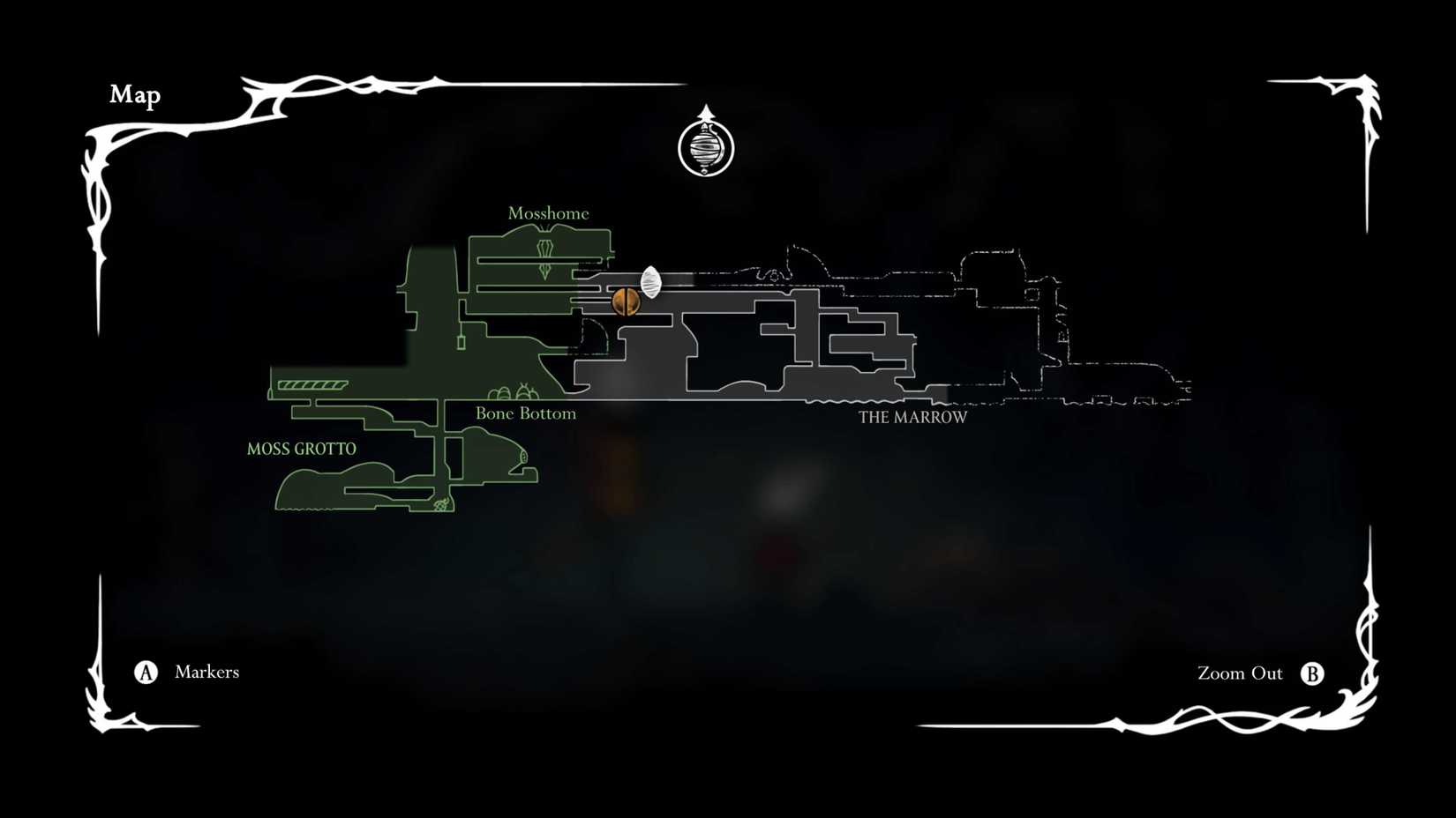 The Silksong map shows Bone Bottom and some other locations