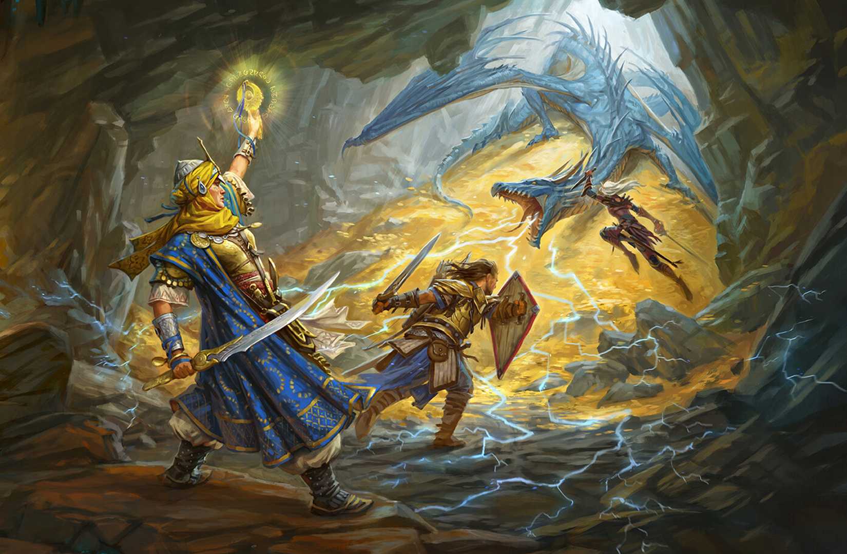 A blue dragon guards his hoard from a group of adventurers in the key art from the Pathfinder second edition.