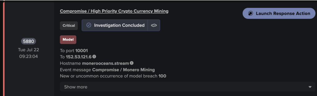 Darktrace’s detection of a device establishing connections with the Monero Mining-associated endpoint.