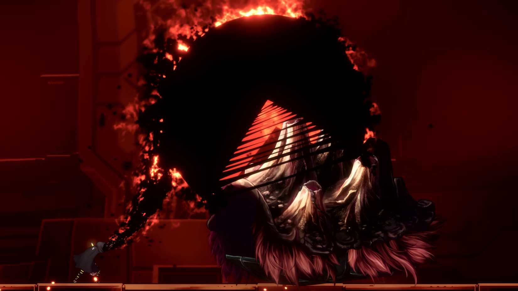 A Pac-Man-like figure prepares to devour a giant monster in a dark landscape.