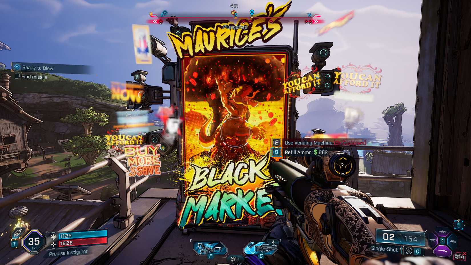 A Borderlands 4 screenshot showing Maurice's Black Market Vending Machine on cooldown