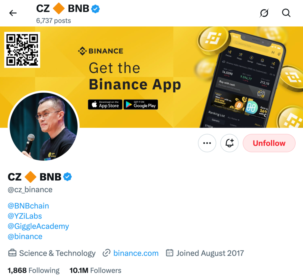 Changpeng Zhao's updated X profile