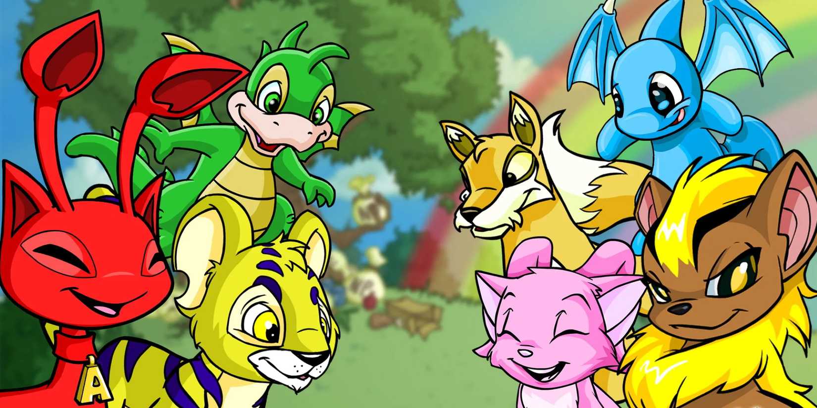 Neopets seven pets in front of The Money Tree