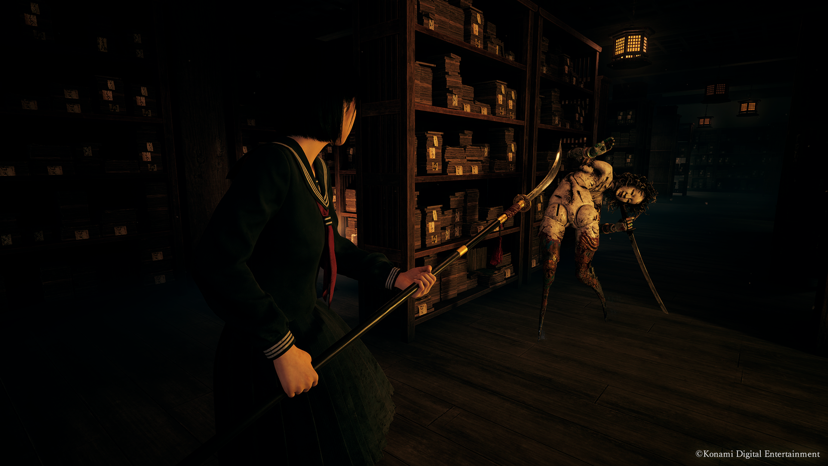 Hinako wields a naginata against a doll monster in a screenshot from Silent Hill f
