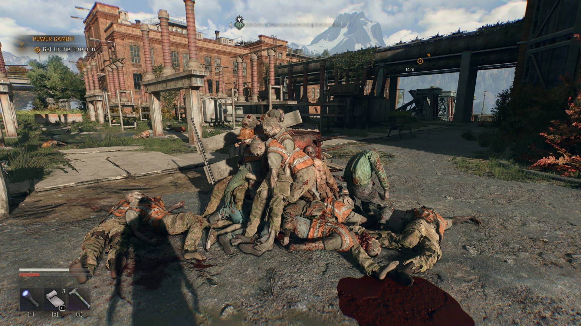 A pile of zombie corpses surrounding a spike trap in Dying Light: The Beast.