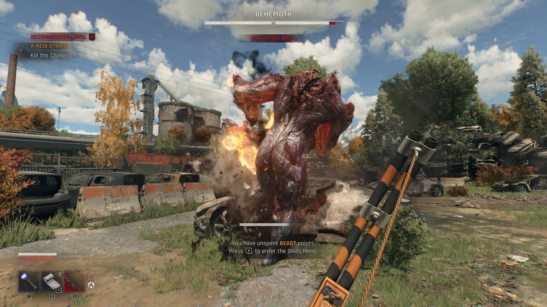 Battling the Behemoth, a massive, muscular zombie, with a bow in Dying Light: The Beast.