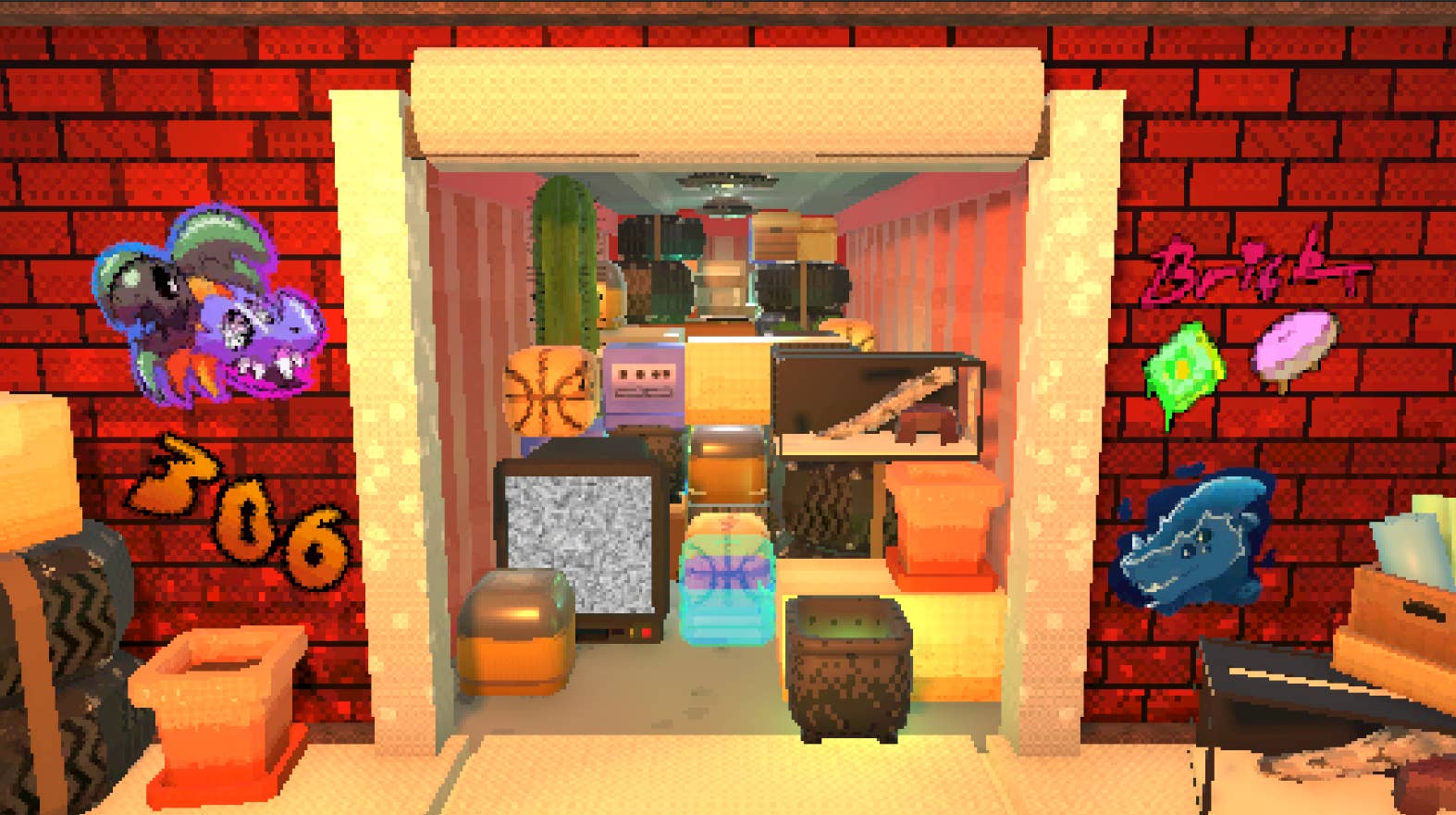 A pixel art depiction of a shipping crate brimming with blocky televisions, basketballs, and tanks, from the game This Side Up.