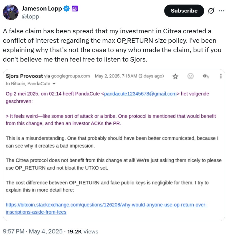 Jameson Lopp's Defense Conflict of Interest Accusations Against Casa Founder Jameson Lopp