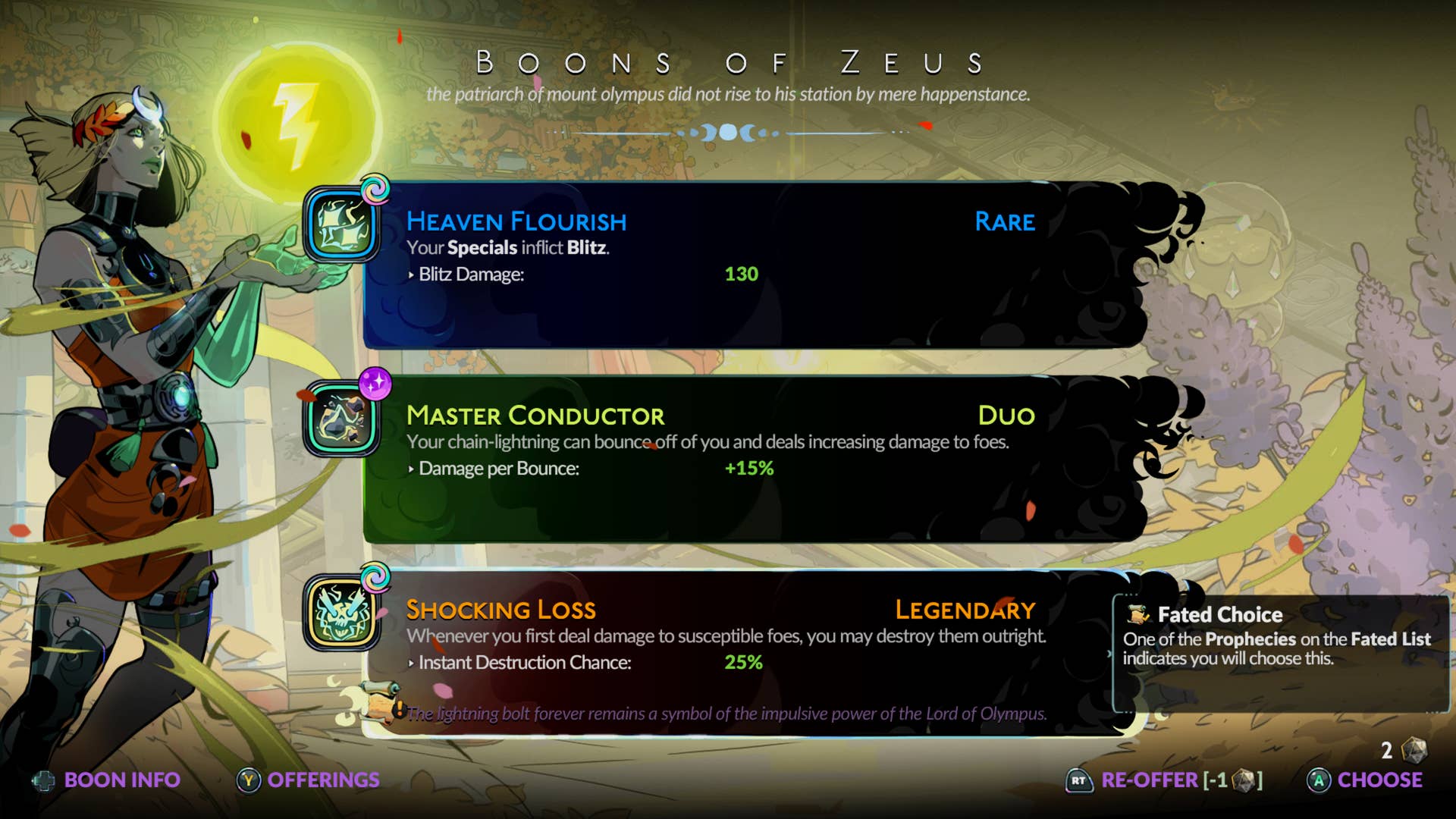 A selection of boons from Zeus in Hades 2.
