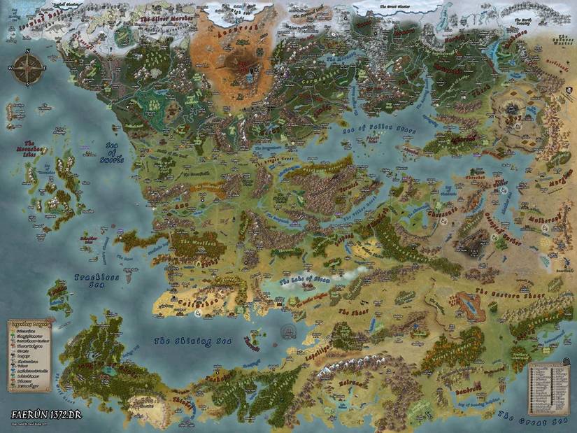 A map of the continent of Faerun from Dungeons & Dragons Forgotten Realms setting