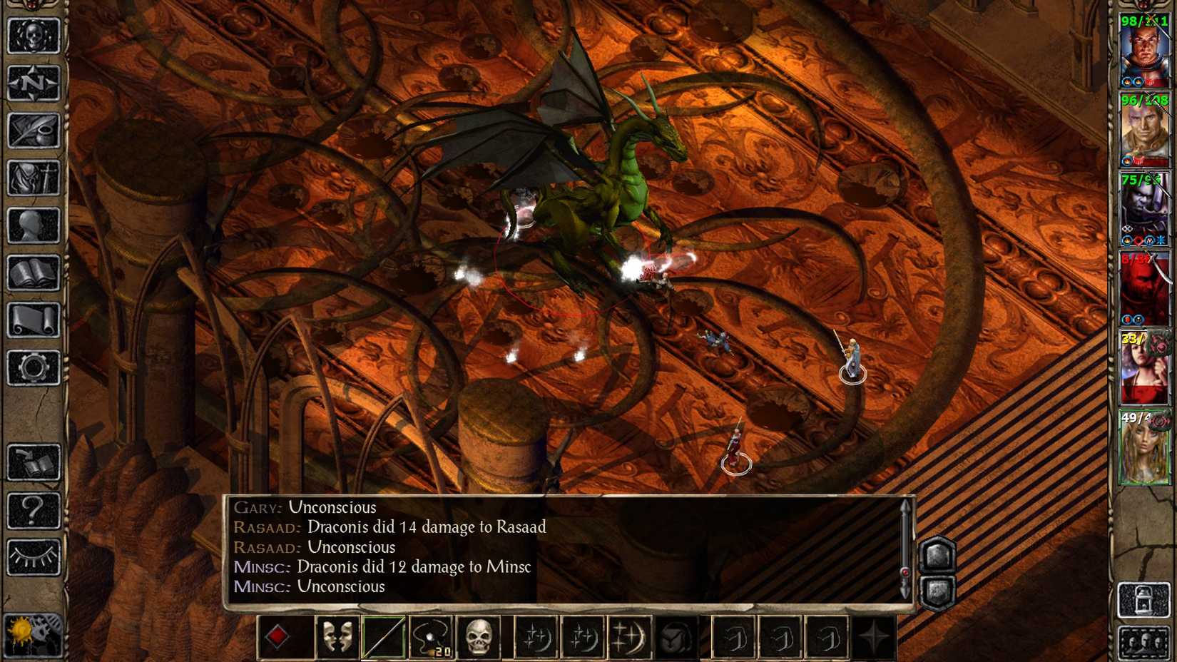 A gameplay screen of Baldur’s Gate 2, where the party is fighting a massive dragon. 
