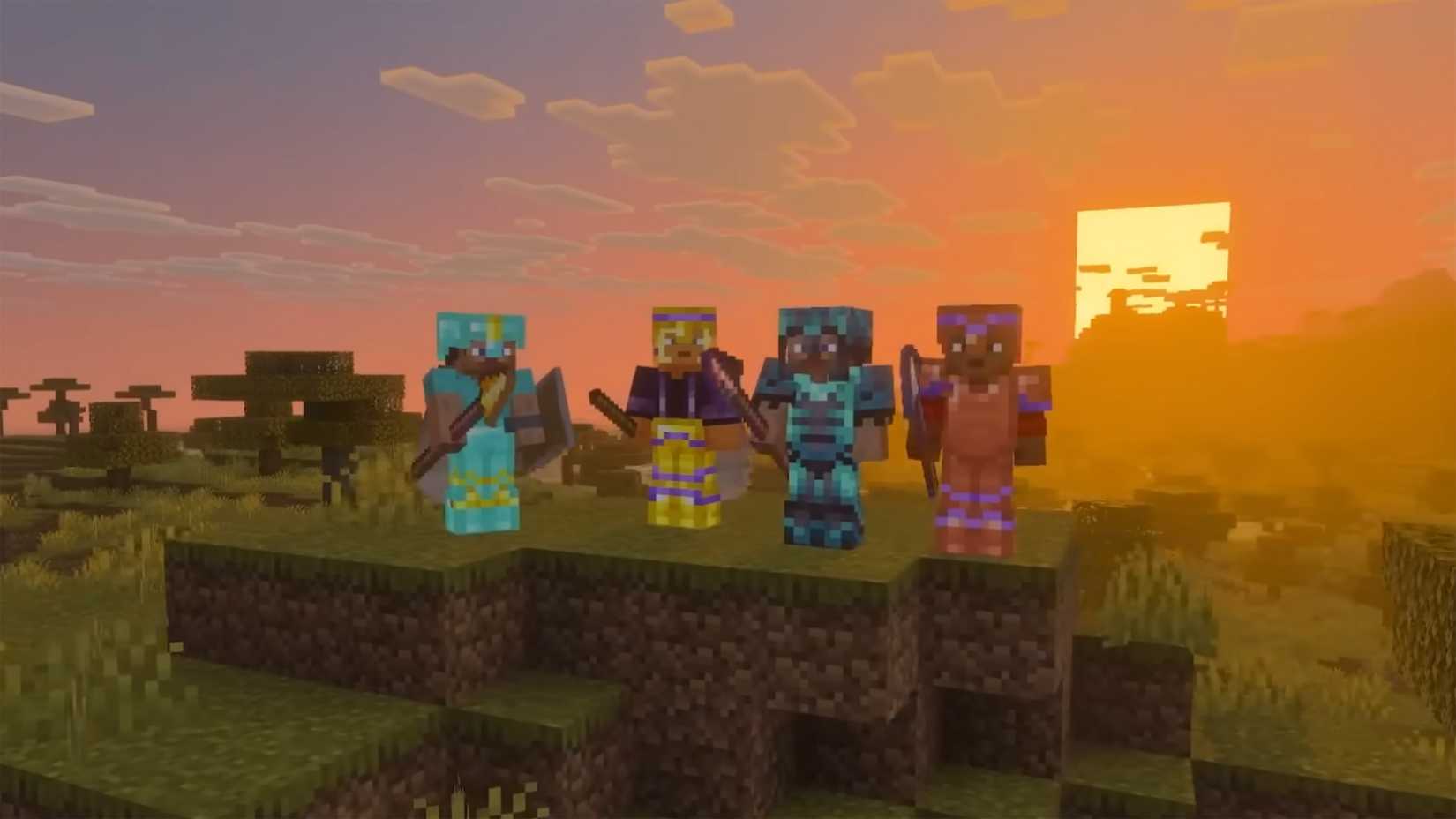 Four players holding spears in Minecraft.