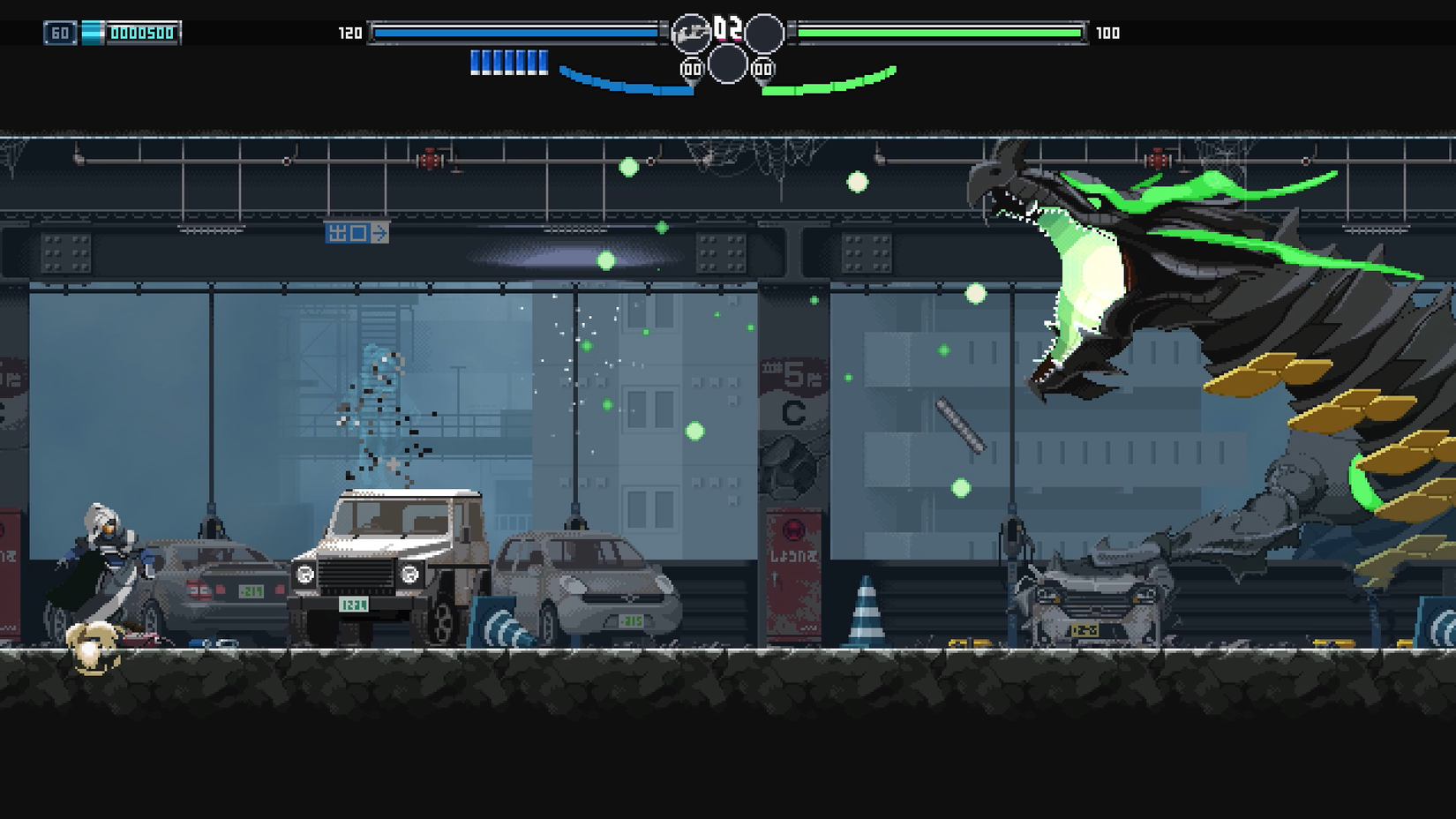 A 2D action shot from Blade Chimera, featuring the protagonist battling a dragon.