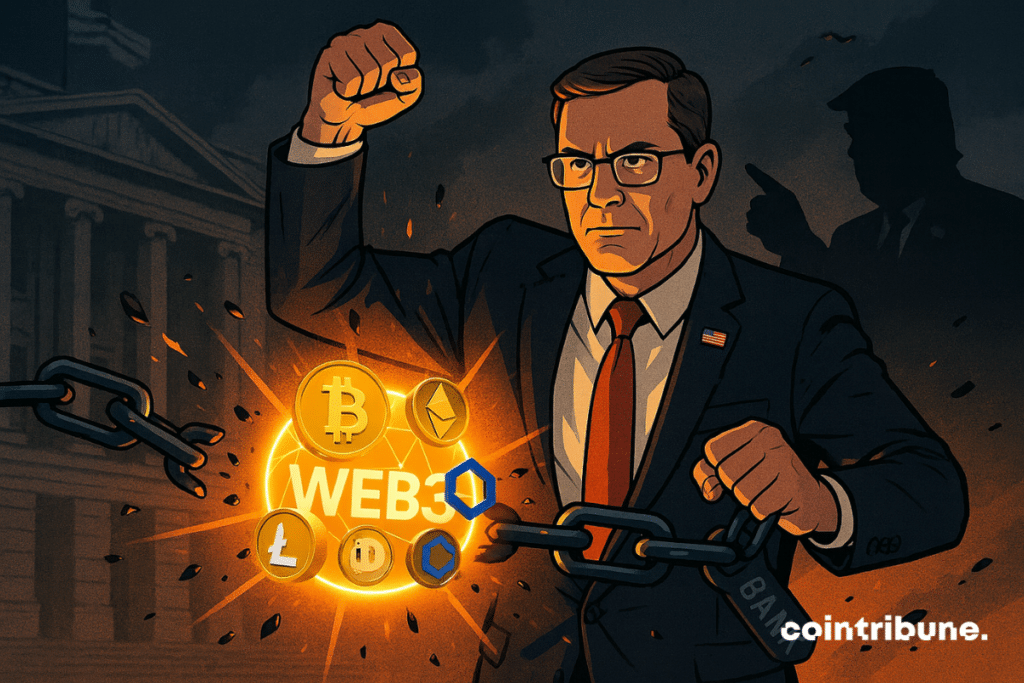 A man breaks chains marked 