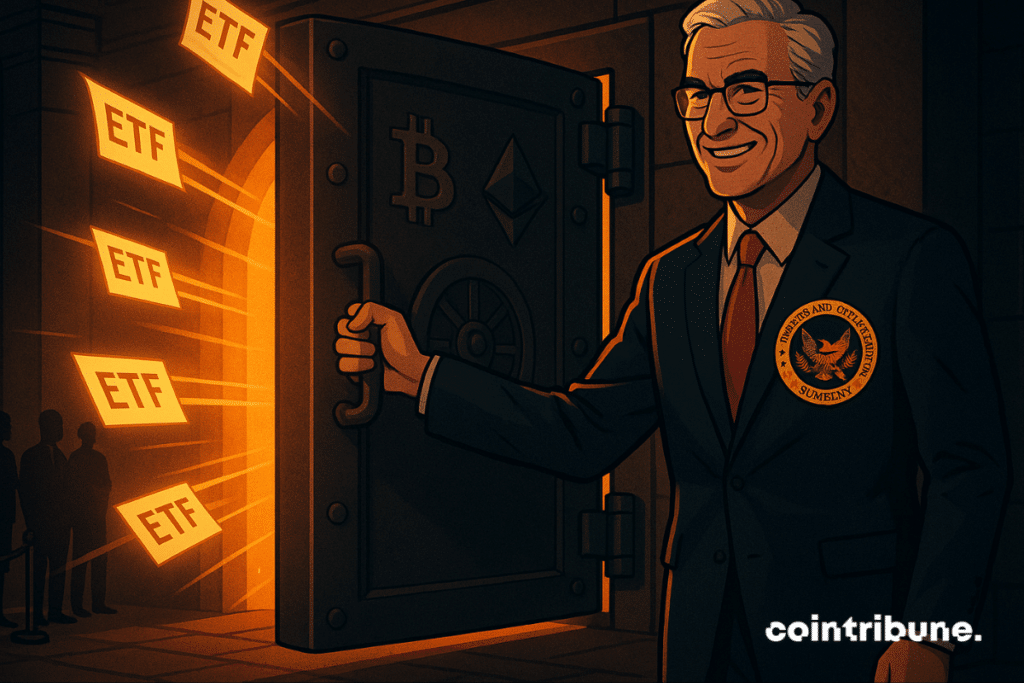 SEC official opens glowing vault releasing ETFs with crypto symbols inside.