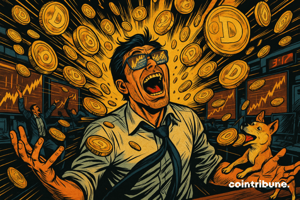A crypto trader is seated, leaning back, overwhelmed, arms spread wide, mouth open in a cry of euphoria. His glasses reflect the image of an explosive chart and a massive number: 16,000,000,000. A shower of golden Dogecoin coins fills the upper half of the image, pouring toward him like an avalanche, symbolizing the explosion of open interest.