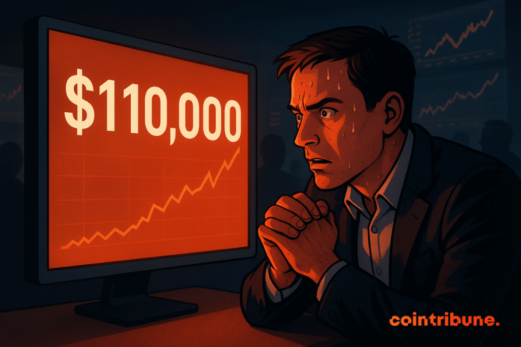 A worried trader in a suit sweats while staring at a glowing red screen showing Bitcoin’s price at 0,000.