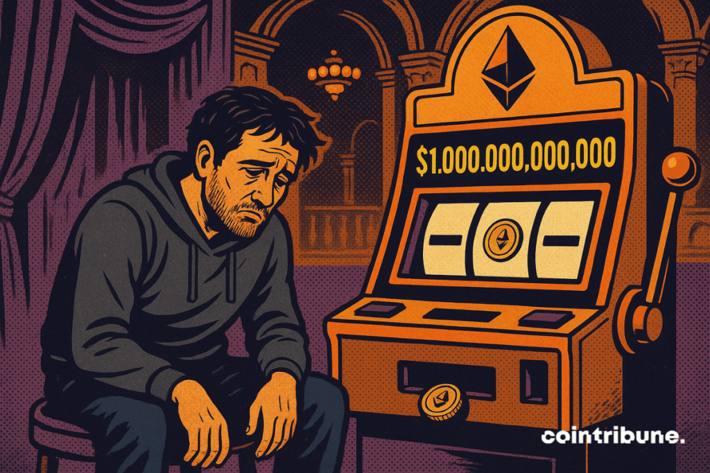 An exhausted developer sits in front of an Ethereum slot machine displaying a huge jackpot in a luxurious casino.
