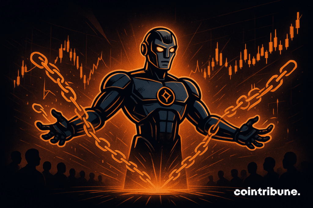 A glowing humanoid robot rises from a platform, holding chains of light with financial charts floating behind, in a bold 70s comic style.