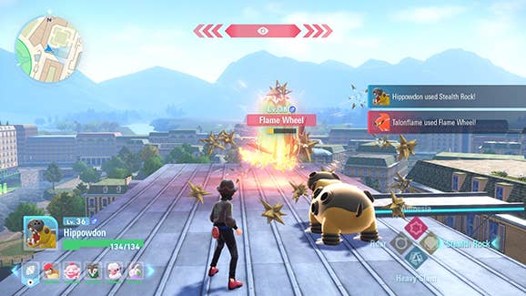 A Pokemon trainer initiates a battle on a Lumiose City rooftop.