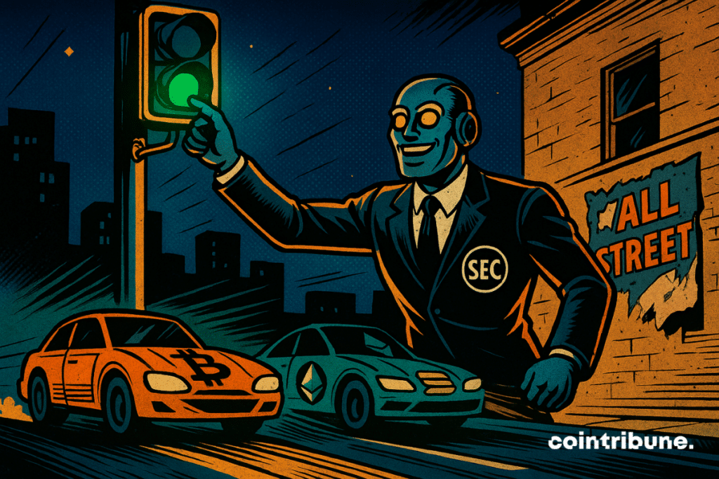 A smiling robot in an SEC costume activates a green light, sending crypto cars racing down an American street at night.