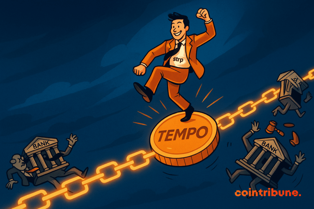 A triumphant man dances on a “Tempo” coin, while personified banks fall from a glowing blockchain chain.