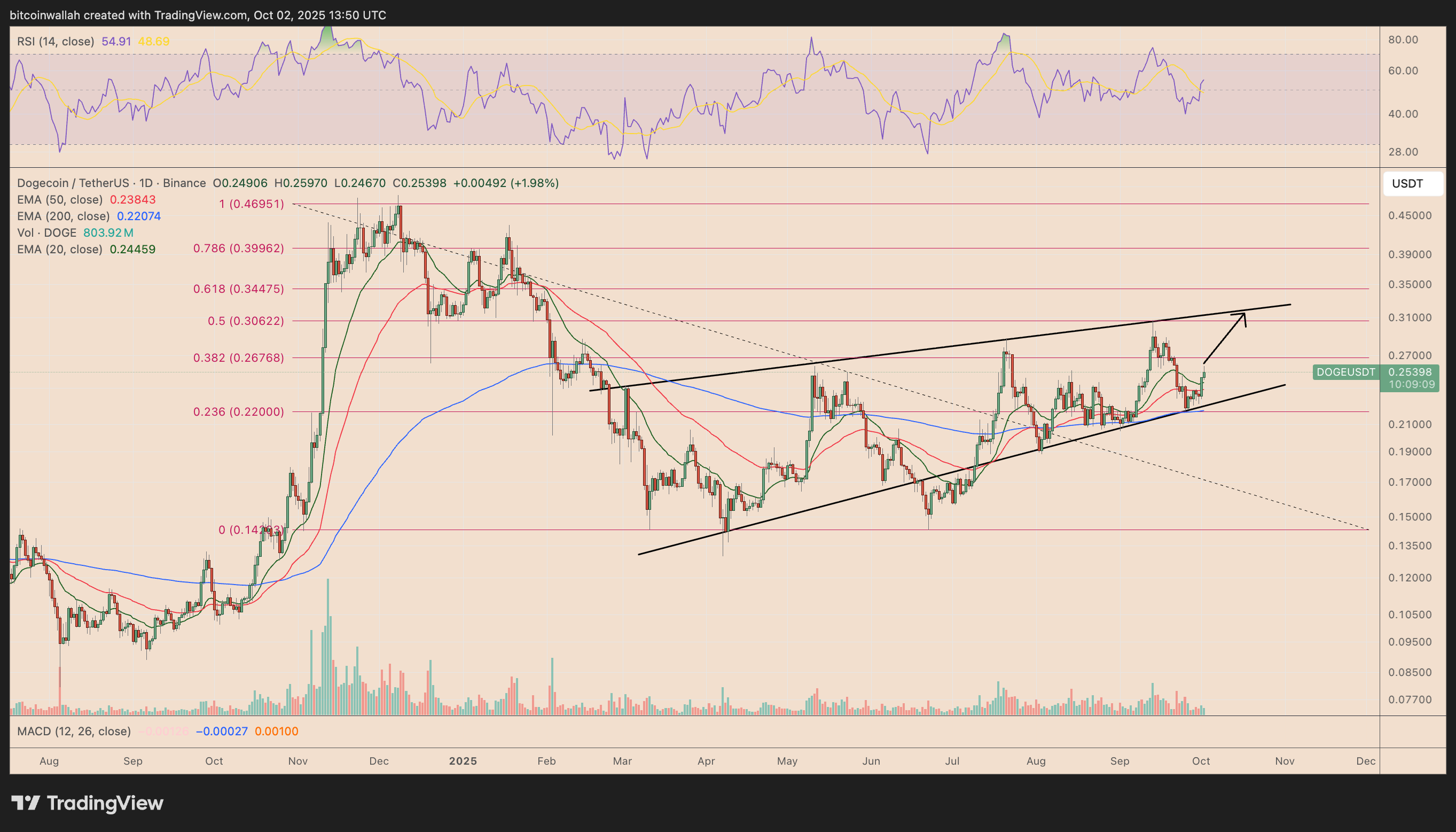 DOGE/USDT daily price chart.