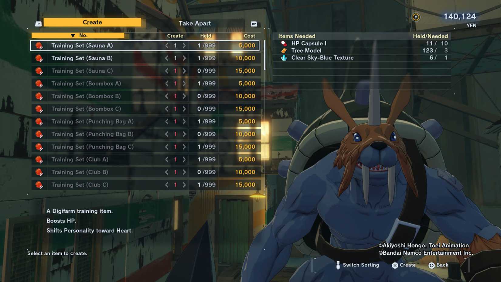 A Digimon Story: Time Stranger screenshot showing the list of Training Sets you can craft with Zudomon