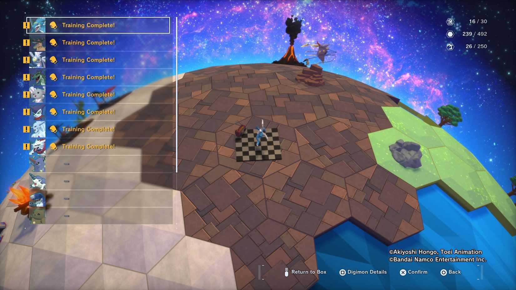 A Digimon Story: Time Stranger screenshot showing a list of Digimon on the farm who completed their training sessions