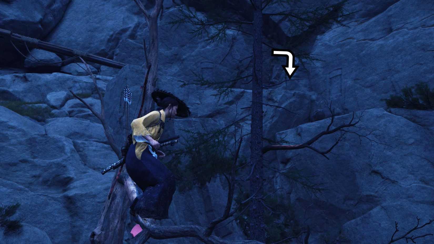 A Ghost of Yotei screenshot with an arrow indicating where players must jumtp in the Faithful Leap shrine
