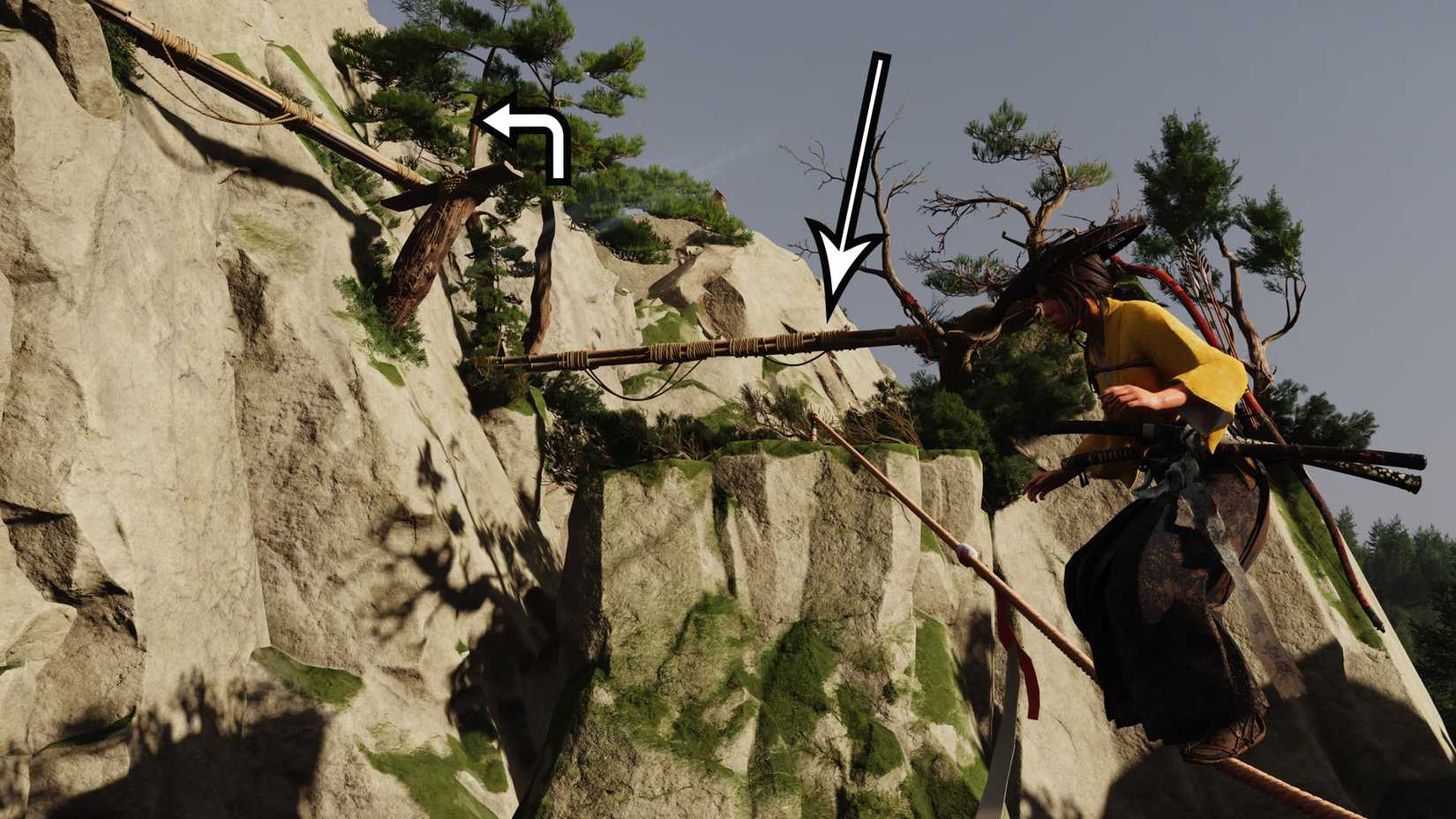A montage with some white arrows indicating the platforms players must use to reach the Faithful Leap shrine in Ghost of Yotei