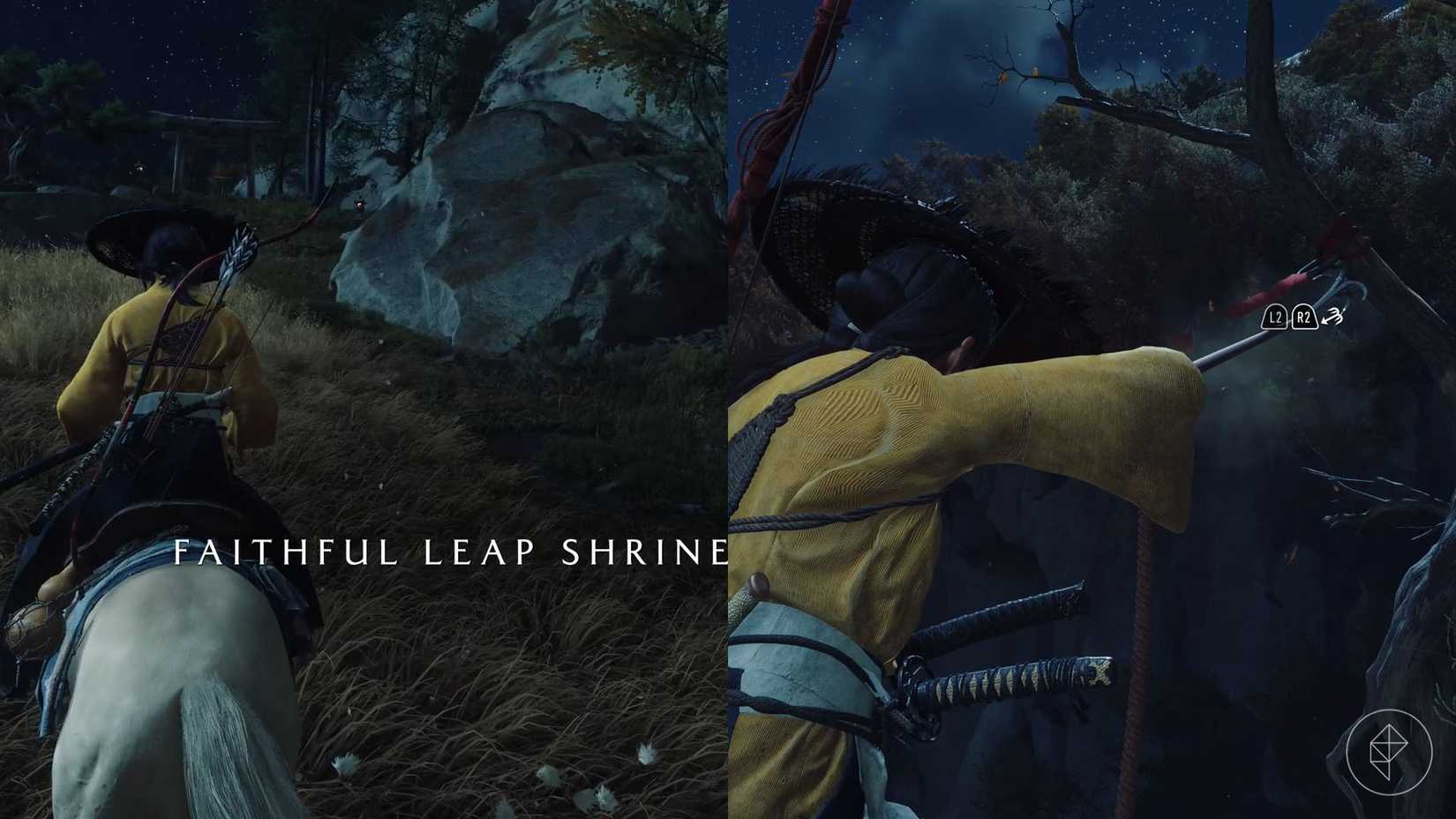 A montage of two Ghost of Yotei screenshot showing the beginning of the path tot he Faithfull Leap Shrine