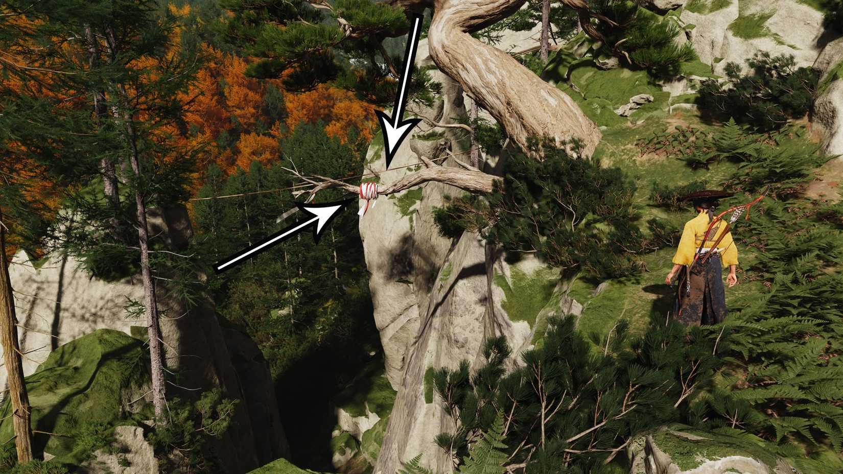 A montage of two Ghost of Yotei screenshot showing one section of the path to the Faithfull Leap Shrine