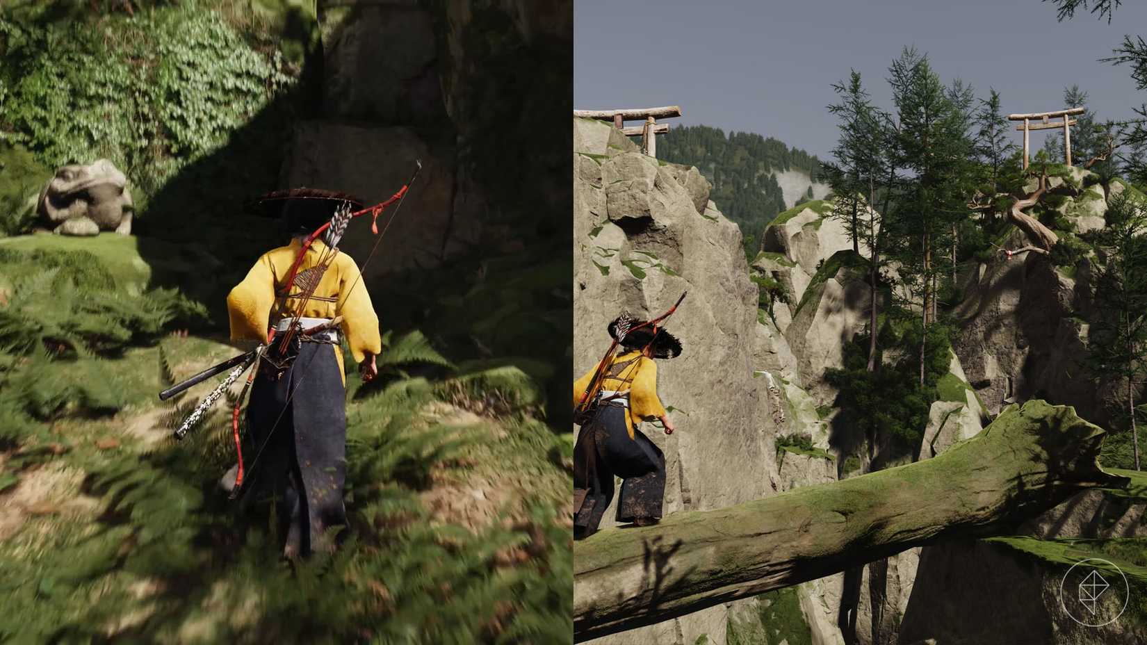A montage of two Ghost of Yotei screenshot showing where players must go in the second part of the path to reach Faithfull Leap Shrine