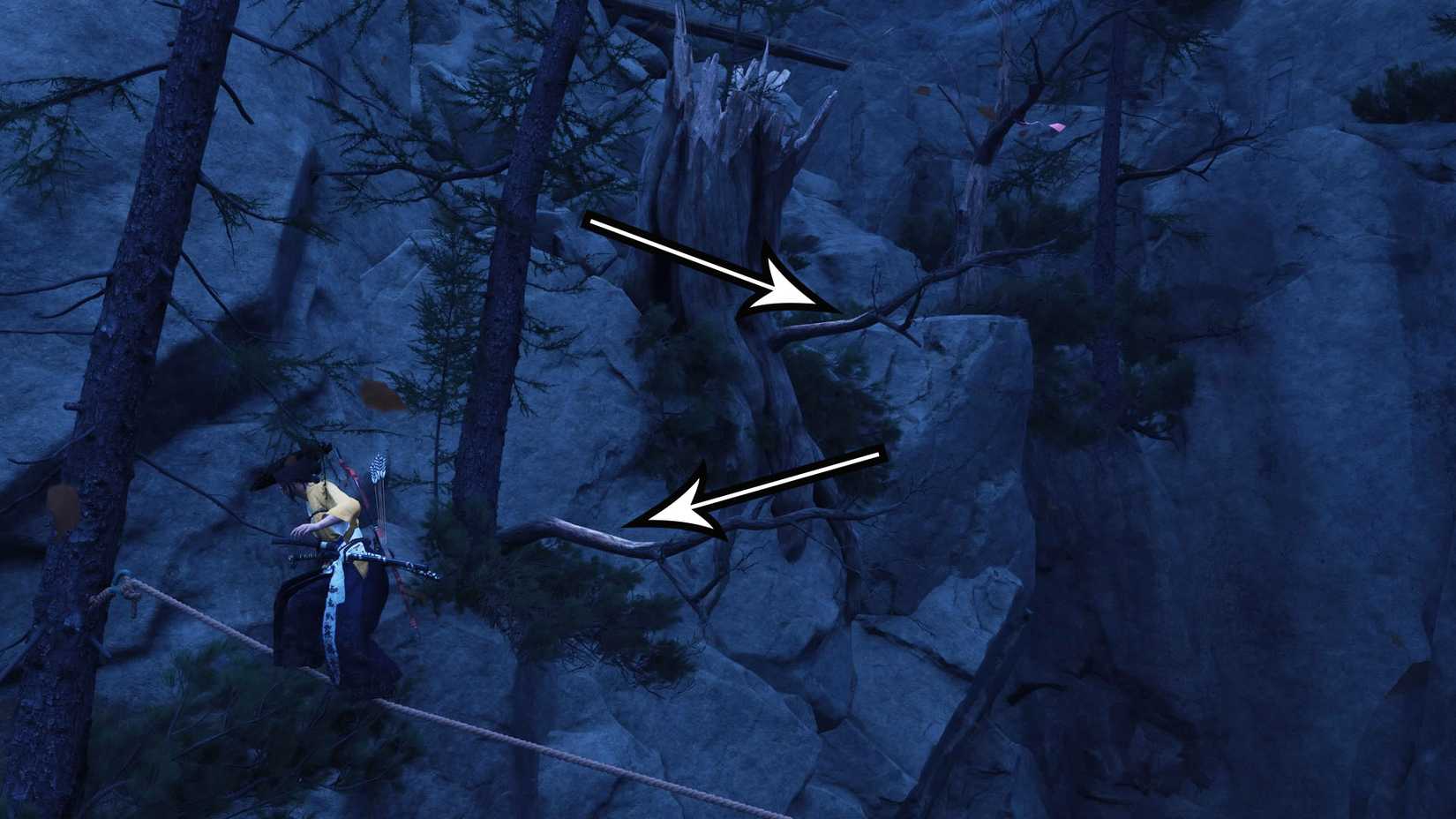 A montage using arrows on a Ghost of Yotei screenshot to indicate the path players must follow to reach the Faithful Leap shrine