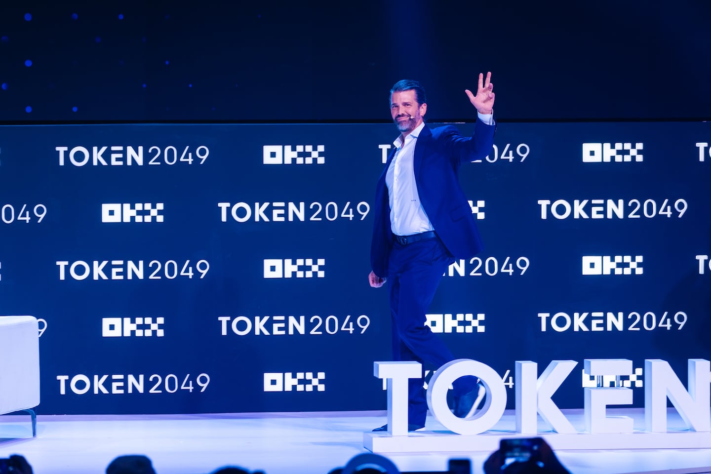 Donald Trump Jr., President Trump’s oldest son, is the co-founder of World Liberty Financial Bitcoin mining venture American Bitcoin Corp., assured audience members there are no conflicts of interest. Source: Token2049.