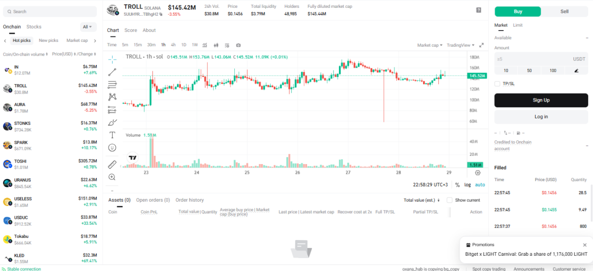 Bitget Onchain trading interface.