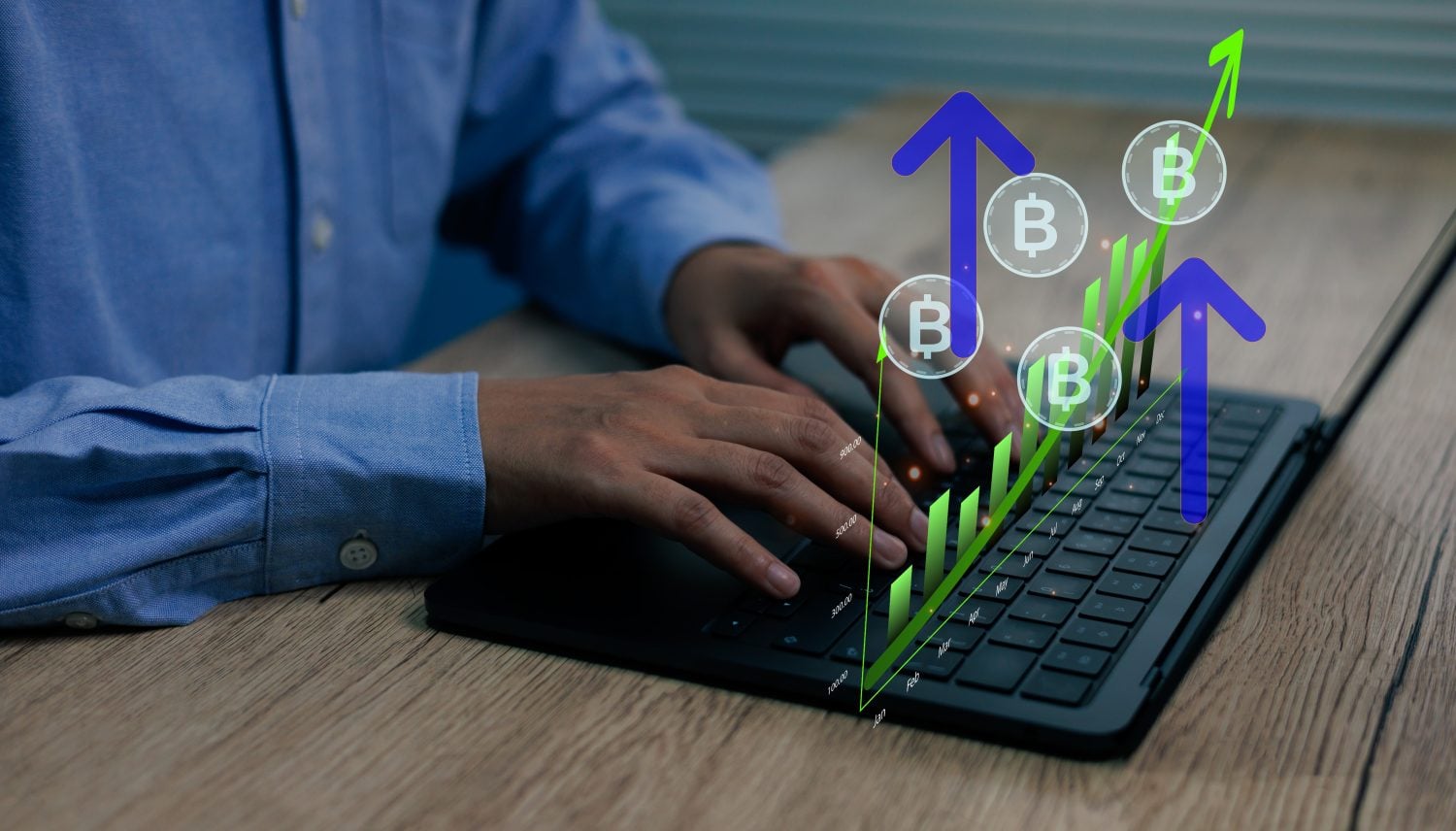 An investor checking cryptocurrency market trends, with graphics indicating Bitcoin's potential growth.