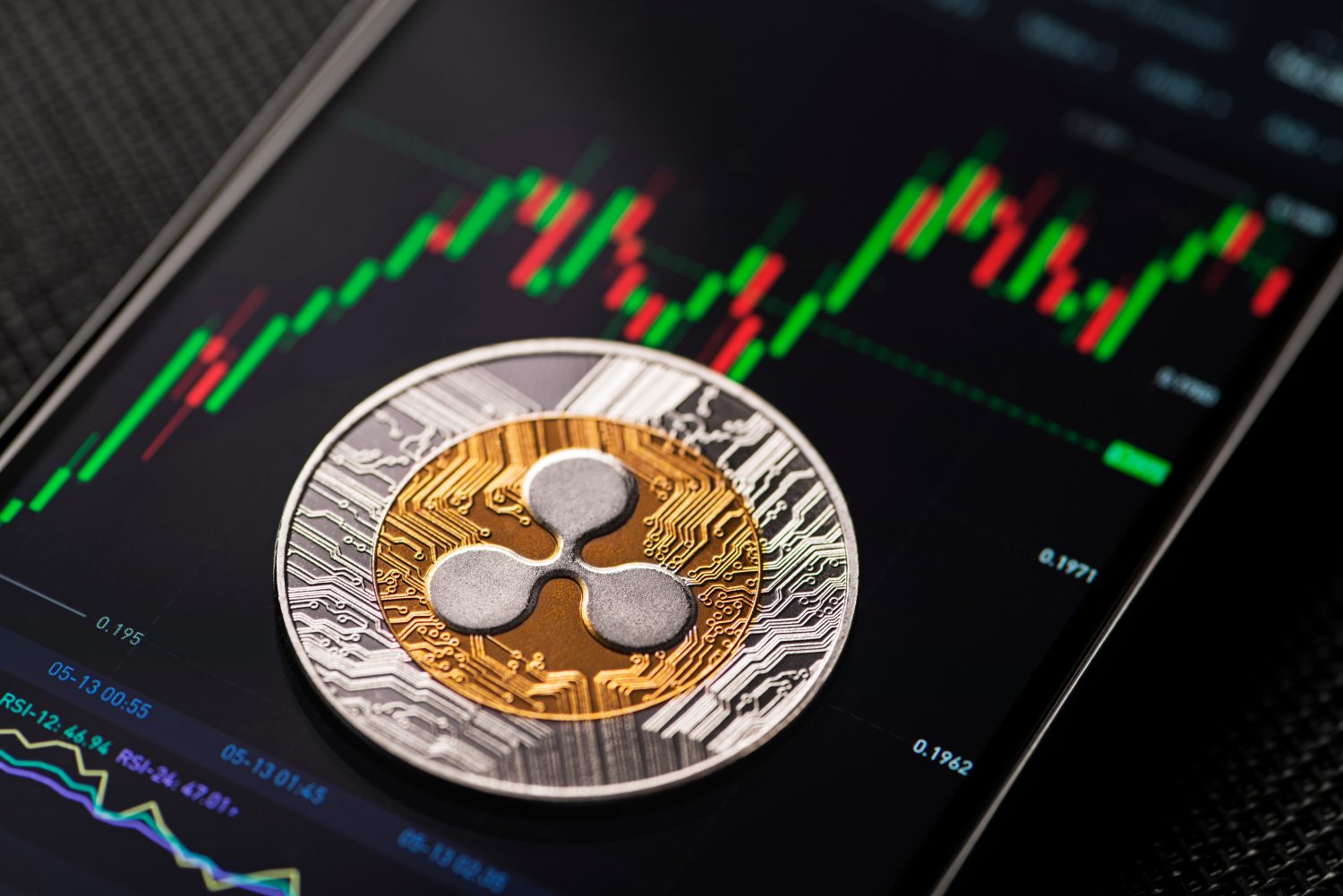 XRP ripple altcoin trading on smartphone close up